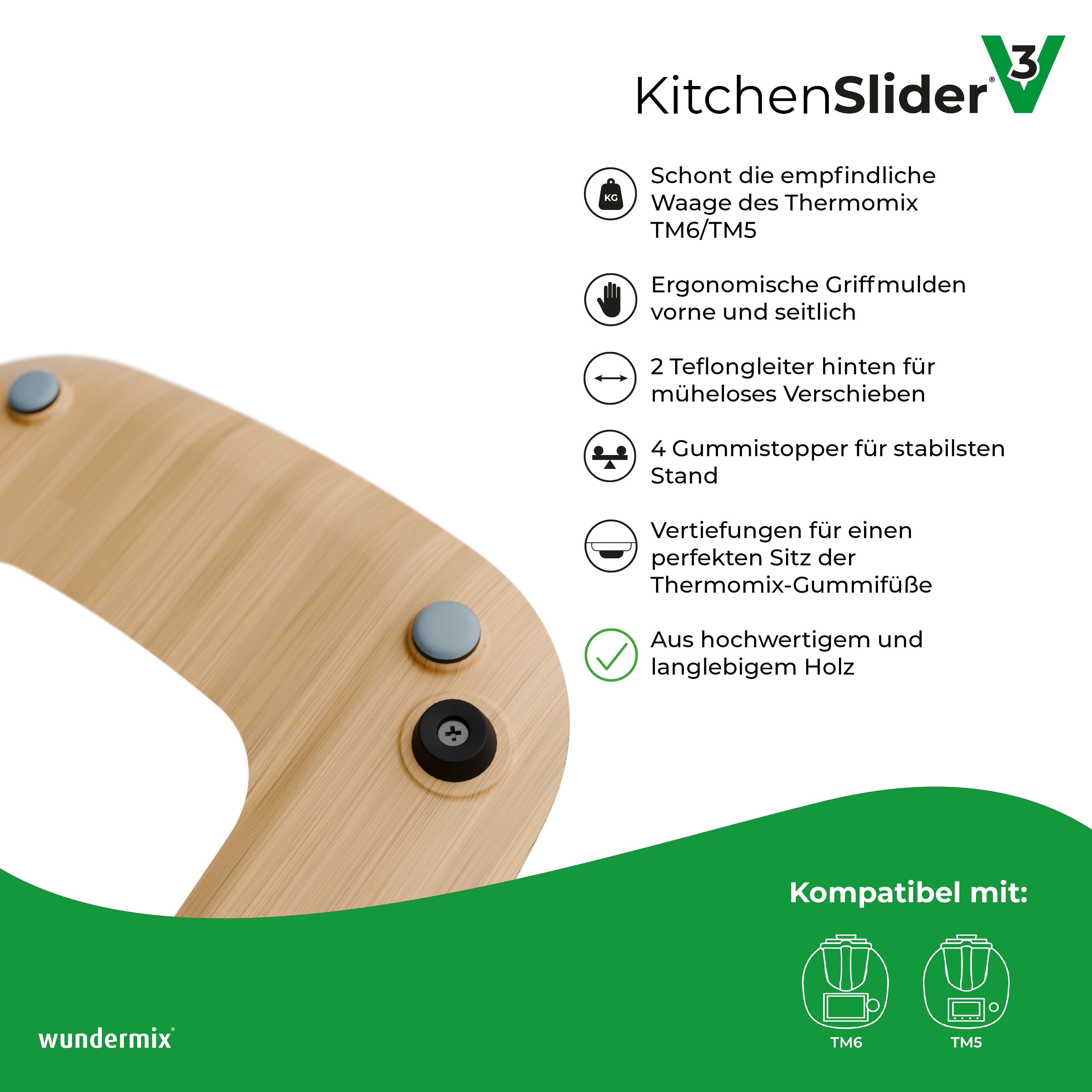 KitchenSlider® H | V3 | Echtholz Premium-Gleitbrett für Thermomix TM6, TM5