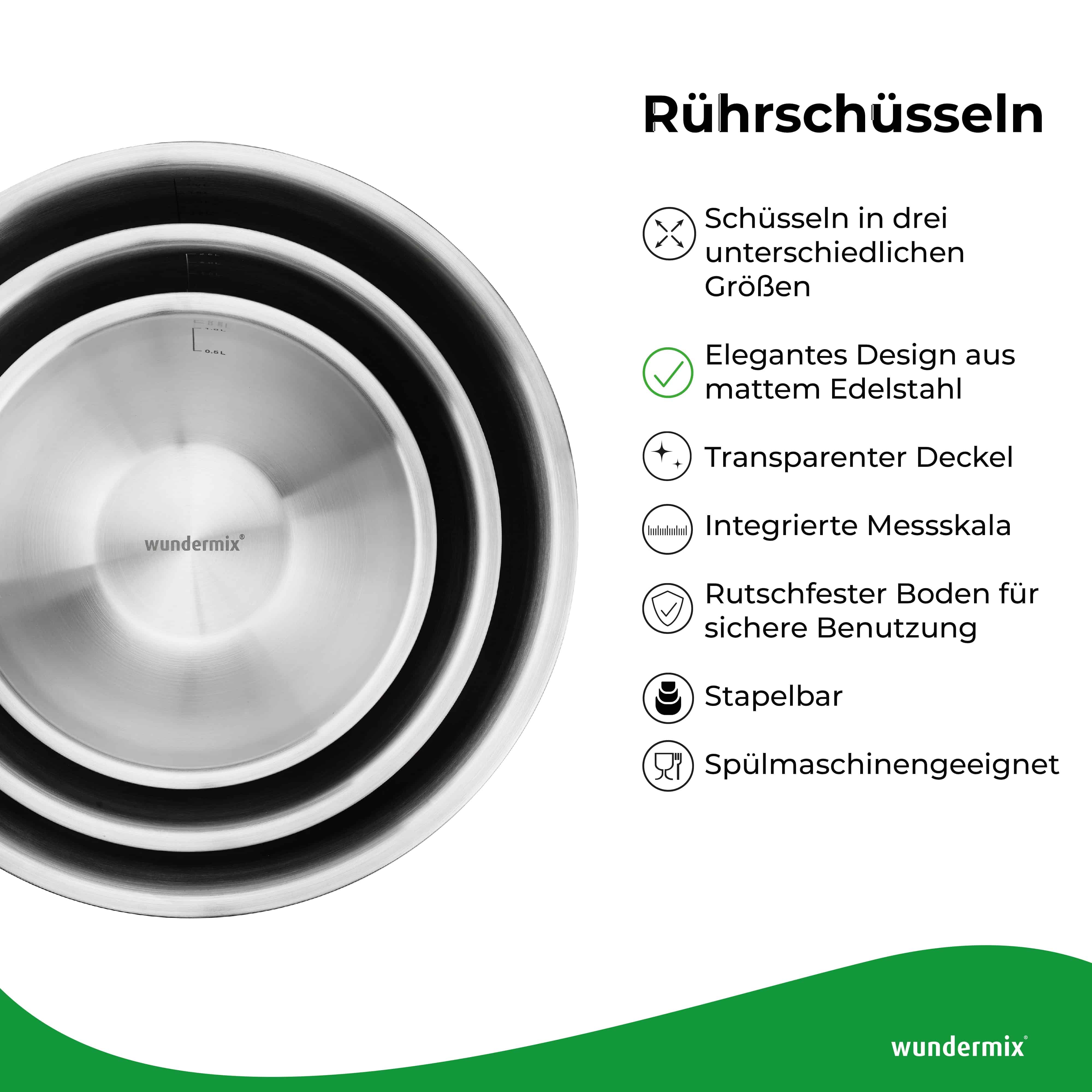 Edelstahl Rührschüssel 3er-Set mit Deckel | 1,5 L + 3 L + 5 L