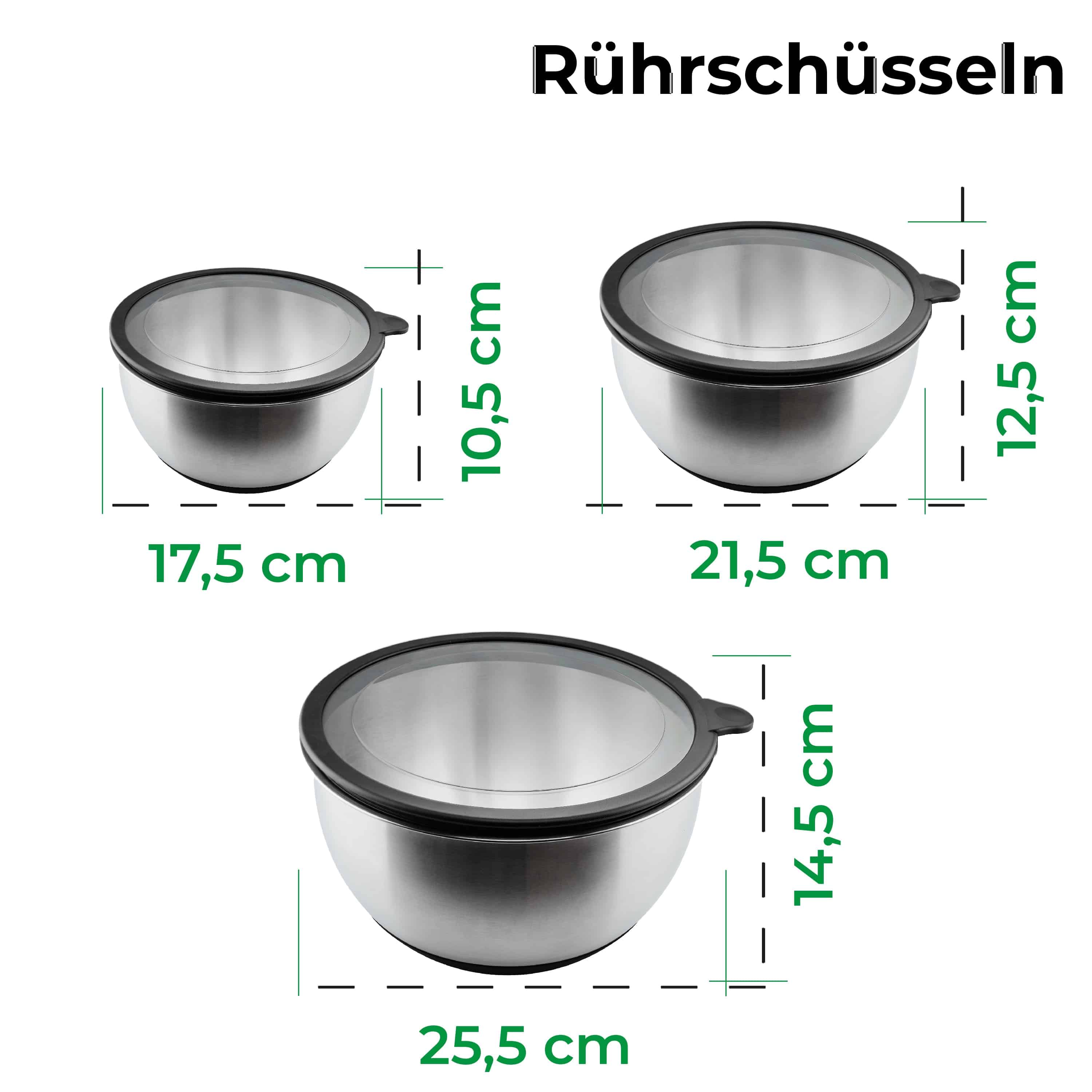 Edelstahl Rührschüssel 3er-Set mit Deckel | 1,5 L + 3 L + 5 L